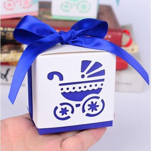 50pcs BB Carriage Printing DIY Paper Wedding Gift Christening Baby Shower Party Favor Boxes Candy Box with Ribbons