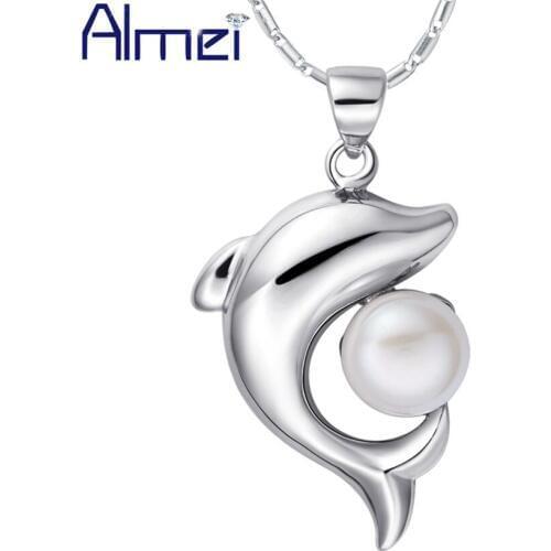 Almei Anime Choker Necklace For Women Silver Color Simulated Pearl Beads Pendant Costume Jewelry Cute Dolphin Necklaces N1076