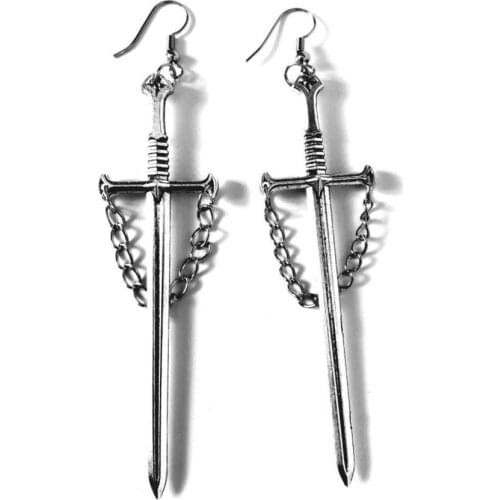 Antique silver colour swords with chaib earrings, gothic earrings, witchy earrings