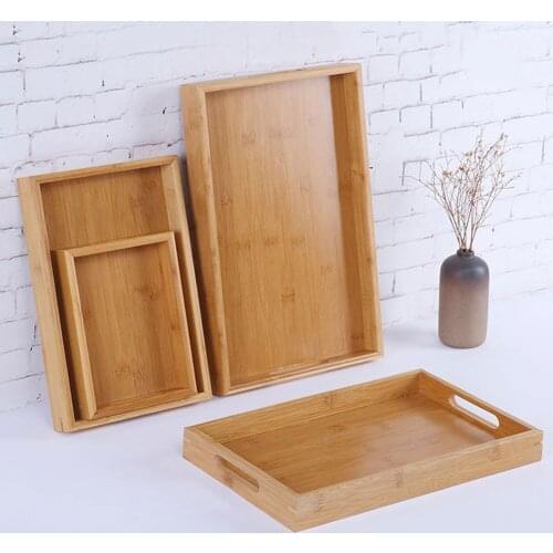 Bamboo Tea Table Tray Coffee Snack Food Meals Plate Chinese Tea Serving Tray with Handles Rectangular Multifunctional Tray