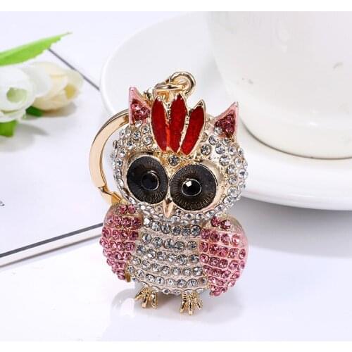 Cute Animal cat-head-Owl Crystal-Pendant Keychain enamel-bird -wing Women Bag Pendant Crystal Car Key Chain Ring Holder Jewelry