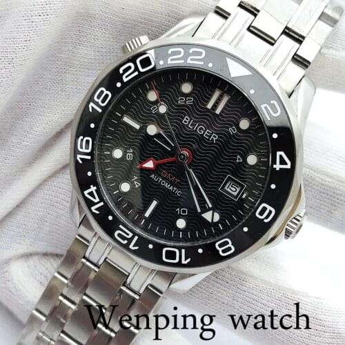 Bliger 41mm Silver Case Sapphire Glass Ceramic Bezel Black Dial Date Luminous Stainless Steel Mens Top GMT Automatic Watch