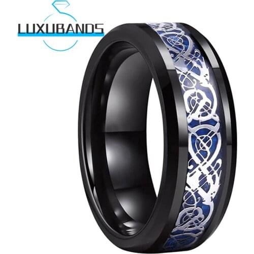 Black 8MM Tungsten Engagement Rings For Men Women Beveled Edges Blue Carbon-Fiber Dragon Inlay Polished Finish Comfort Fit