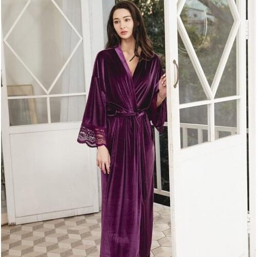 Bride Bridesmai Long Velvet Robes with Lace Robe for Women Party Soft Fuzzy Wedding Homewear Bathrobe purple velvet robe