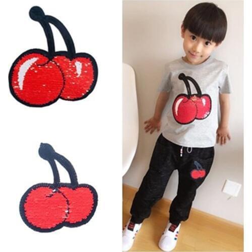 Reversible Sequin Cherry Patch Change Color Sequin Sewing Patch Sew On Kids Embroidered Patches For Clothes Fabric Stripe Decor