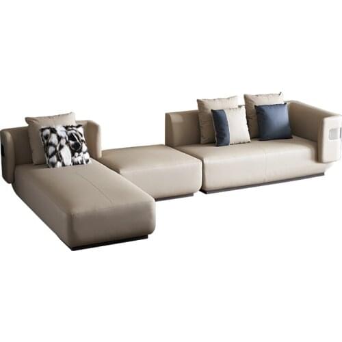 Italian light luxury solid wood leather corner sofa modern simple living room new sofa coffee table