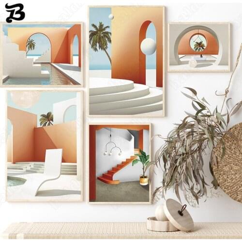 Canvas Painting Geometri Carchitecture Moon Palm Tree Morandi Wall Art Modern Posters and Prints for Living Room Home Wall Decor