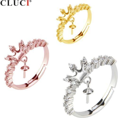 CLUCI 925 Silver Crown Shaped Pearl Ring Mounting for Women Wedding Engagement Sterling Silver Zircon Crown Ring SR2035SB