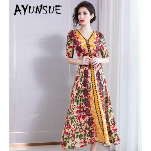 Summer Dress Real Silk Dress Women Korean Midi Beach Dress Elegant Vintage Party Women Dress Vestido Mujer ML19607 YY2658