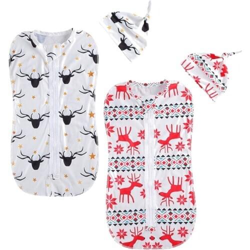 Citgeett Christmas Infant Baby Girls Boys Sleepbag 2Pcs Set Reindeer Print Zipper SleepBag+Hat 0-6M Newborn Accessories