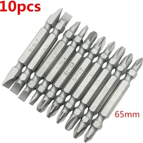 10pcs Double Head Electric Screwdriver Bit Set Hex Shank Magnetic S2 Alloy Steel For Cross Head 65mm Slotted Philips Useful