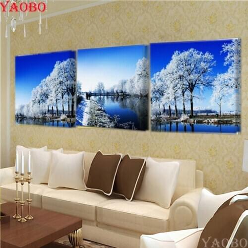 3 Piece diamond Painting landscape,DIY Diamond Embroidery White Snow River Tree 5d cross stitch mosaic kits Nordic decor