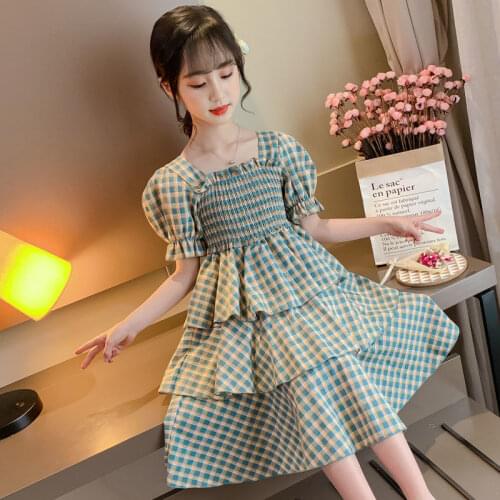 2021 New Girls Dresses Children Vestidos Girls Summer Party Plaid Dresses Teenage Girls Clothing For 4 6 8 12 14 Years