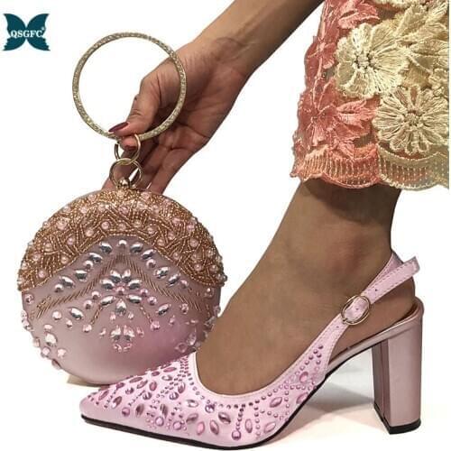 New Arrival 2020 Women Shoes and Bag Set In Pink Color Italian design Shoes with Matching Bags Set Decorated with RhineStone