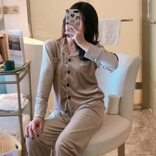 New Product Pajamas Women Fall/Winter Lapel Cardigan Long-Sleeved Gold Velvet Solid Color Warm Suit Sweet Casual Home Service