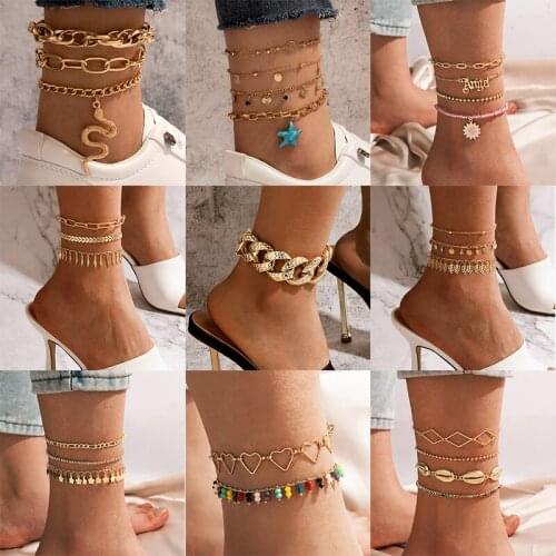 Docona Bohemian Colorful Beaded Starfish Shell for Women Anklets Layered Adjustable Heart Snake Metal Foot Chains Party Jewelry