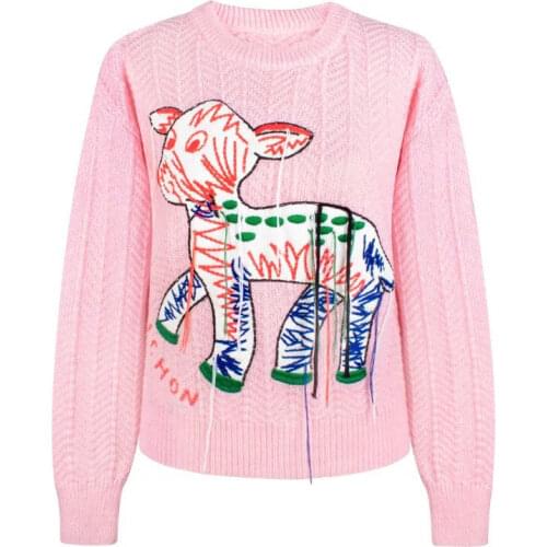 Autumn and winter sweater loose pink fawn embroidery tassel pullover long-sleeved sweater
