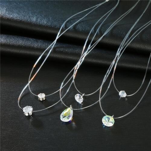 Invisible Chain Necklaces, Waterdrop, Transparent Fishing Line Necklace, 2 layers, multilayer,Pendant Rhinestone Choker Necklace