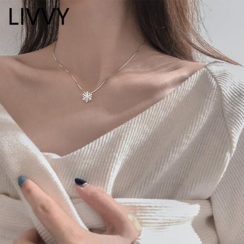 LIVVY Silver Color Cubic Zircon Snowflake Pendant Necklace For Women Fashion Clavicle Chain Fine Jewelry