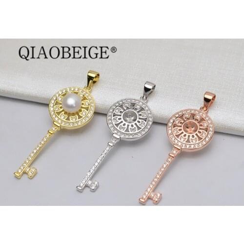 QIAOBEIGE pendant mounting for pearls cheap wholesale white gold rose color zircon pearl pendant mounting key shape for diy