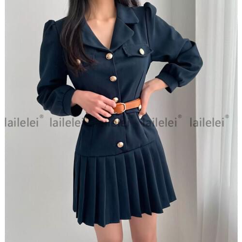 Chic Pleat Irregular Buttons Dress With Belt High Waist Hip Style Turn Down Collar V-Neck Long Sleeve Spring 2021 New Vestidos