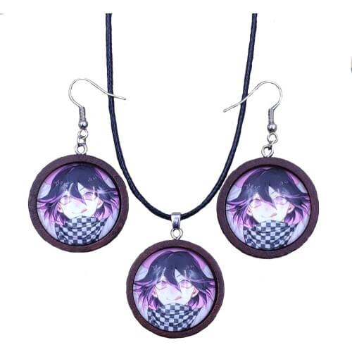Cute Anime Danganronpa: Trigger Happy Havoc Fashion Necklace&Earrings Jewelry Set Dark Brown Wooden Wood Girl Female Gift DWLP