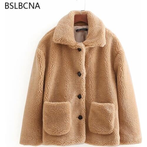 Vintage Long Sleeve Plus Size Casual Autumn Coats European Women Solid Color Faux Fleece Short Winter Jacket Parka Female A456