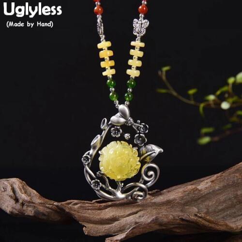Uglyless Ethnic Natural Amber Flower Pendants for Women Agate Beads Chain Necklaces 925 Sterling Silver Floral Fine Jewelry C153