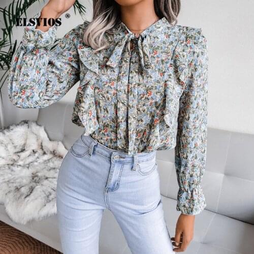 Fashion Sweet Women Lace-up O Neck Floral Print Long Sleeves Chiffon Blouse Fall Winter Casual Ruffled Elegant Slim Office Shirt