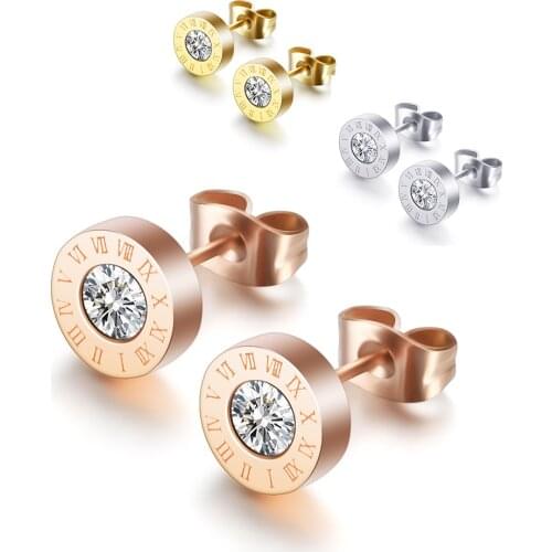 316 Stainless Steel Round Shine 8MM Diameter Roman Numeral Stud Earrings For Women High Quality Brand Jewelry ER1201