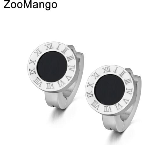 ZooMango Trendy Black Shell Circle Roman Numeral Hoop Earrings For Women Titanium Steel Wedding Earrings Jewelry Brincos ZE18013