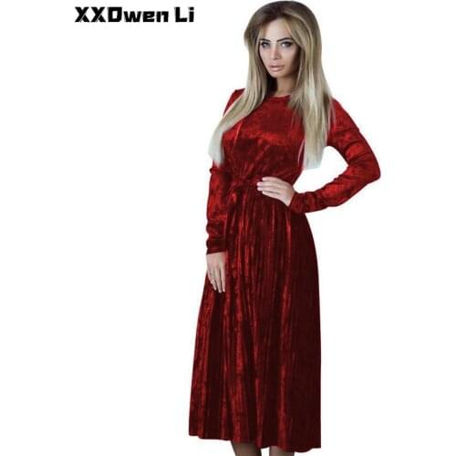 Women Vintage Velvet Long Sleeve Belt Midi Dress Autumn Solid Pleated Dress Casual Office Lady Bodycon Long Dress Robe Femme