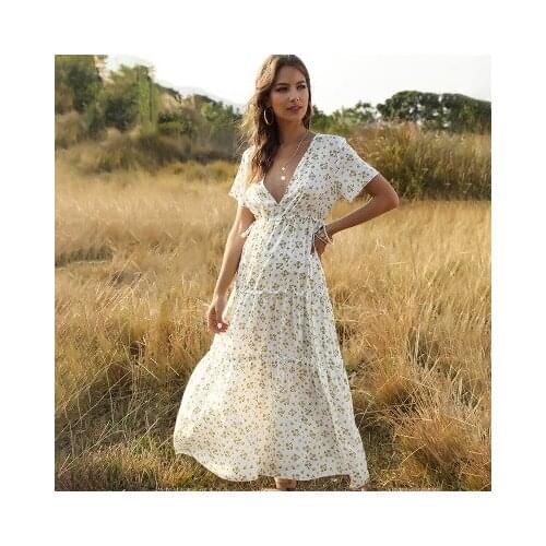 AYUALIN summer sexy deep v-neck long dress women Adjust waist 2021 Vintage Cotton floral print Dresses boho beach vestidos
