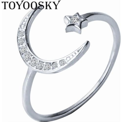 Fashion 925 Sterling Silver Open Ring Finger Moon Star CZ Rings for Women Jewelry Pure Wedding Engagement TOYOOSKY