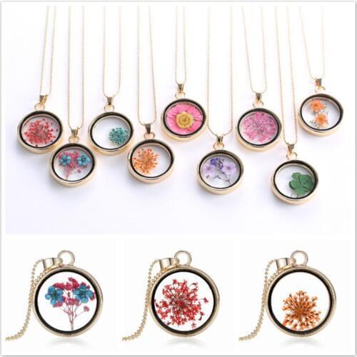 1pcs Round Pendant Flowers Crystal Variety Dried Flower Necklace Exquisite Womens Accessories