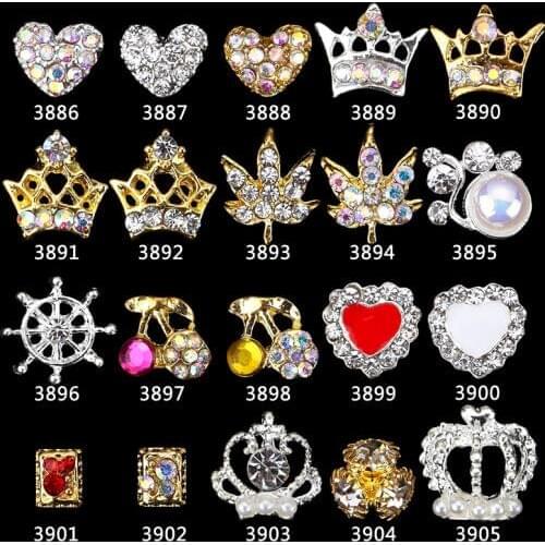 10PCSNail Jewelry Crystal Crown/Heart Gold& Silver Alloy Manicure Tips Clear AB Crystals Rhinestones For 3D Nail Art Decoration