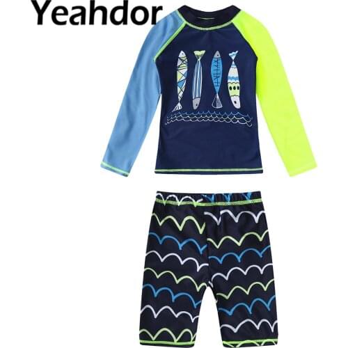 2Pcs Kids Boys Swimwear Swimming Suit Round Neck Long Sleeves Cartoon Print Tops and Shorts Set Children Beach Bathing Swimsuit