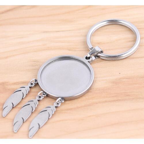2pcs Fit 25mm Cabochon Keychain Base Setting Blank Trays With Feather Charms Diy Stainless Steel Key Chain Keyring Findings