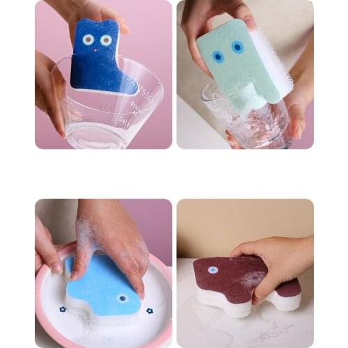 5Pcs Sponge Brush Wipe Scouring Pad Dish Cloth Kitchen Multifunctional Cleaning Scrub Cute Animals Fun Ins Childlike Dream 2021