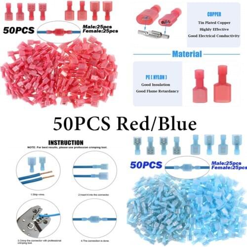 50PCS Insulated Male Female Spade Crimp Terminal Wire Connector 0.5-1.5mm2 Waterproof Seal Electrical Wire Cable Connecors