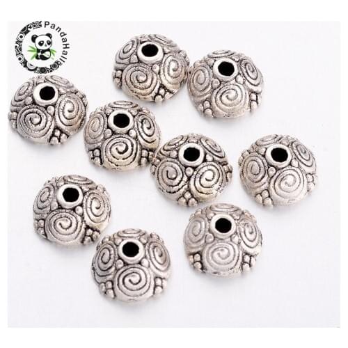 500pcs Antique Silver Color Alloy Bead Caps, Lead Free and Cadmium Free, about 8mm long, 8mm wide, 4.5mm thick, hole: 2mm