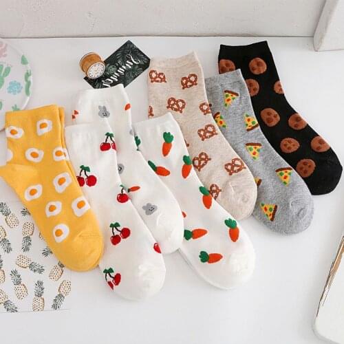Anewmorn Combed Cotton Socks Autumn Winter Cute Poached Egg Cherry Cartoons Breathable Womens Socks Ins Trendy Fruit Casual Sox