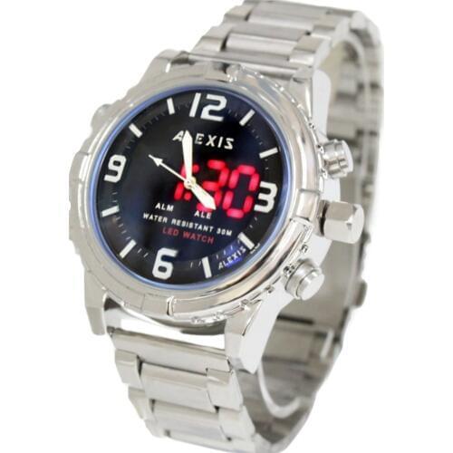ALEXIS Brand Round Watches For Men Stainless Steel PNP Shiny Silver Watchcase Water Resist Anadigit Led Watch montre homme