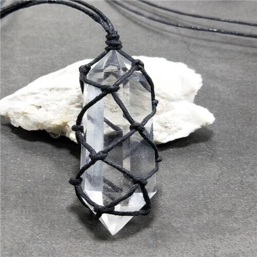 Chakra Bohemian Healing Jewelry Gem Stone Hemp Cord Wrapped Natural Clear White Quartz Healing Crystal Point Pendant Necklace