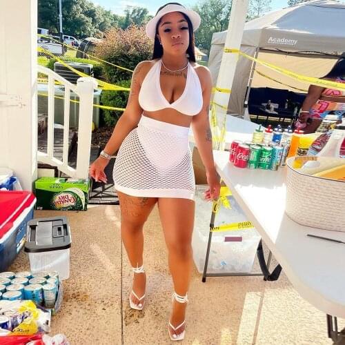 Black White Fishnet Hollow Out Halter Backless Crop Top and See Through Sheath Mini Skirt for Women Beachwear Holiday Tracksuit