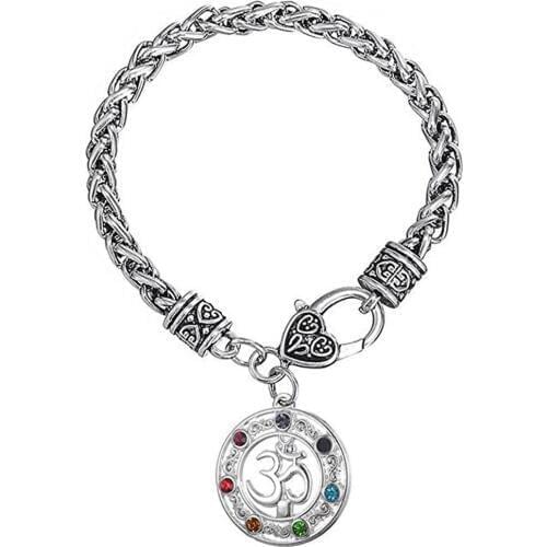 Colorful Crystal Rhinstone Round Charm Wicca Wheat Chain Bracelet With Heart Lobster Clasp