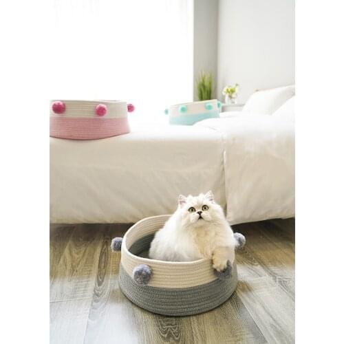 Home Cotton with velvet Universal Round Cat Bed Basket Nest Cotton Rope Woven Warm Pet Sleeping Bed House Scratching Mat Pad