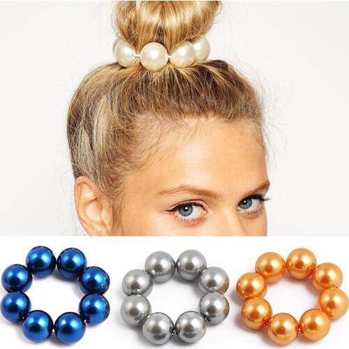 Elastic Adjustable Hair Rope Valentines Gift 1PC Pearl Beads 4Colors Handmade Big Imitation Pearl