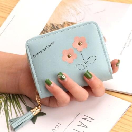 Women Flower Tassel Decoration Wallet Female Short Cute Zipper Coin Purse Ladies Solid Color Fashion Mini Card Holder Clutch Bag