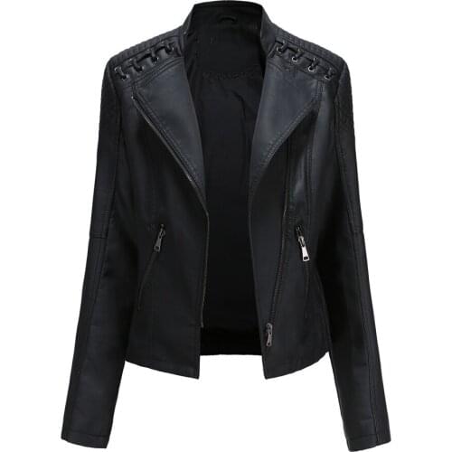 Moto Biker Jacket Women Faux Leather Jacket Autumn Long Sleeve Lapel Neck Zip Up Short Coat with Pockets New Arrival